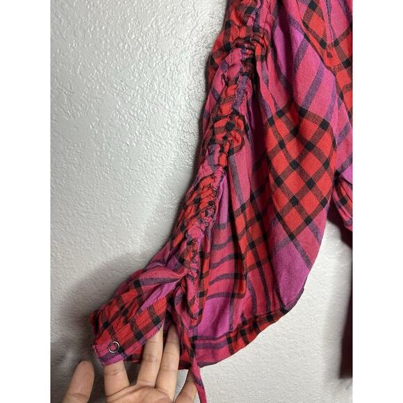 Free People Pacific Dawn Plaid Wool Blend Shirt Drawstring Waist Snap Front Med - Picture 5 of 10